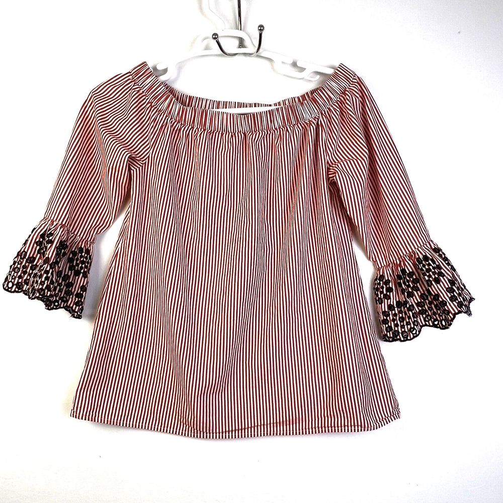 Beach Lunch Lounge Peasant Top Women's Small Red White Blue Embroidered Sleeves